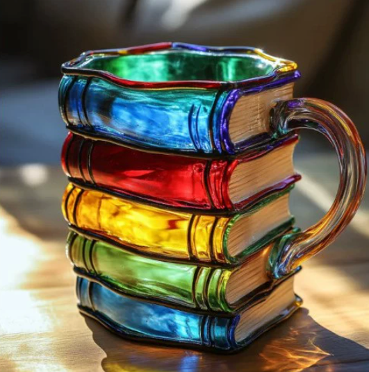 Taza artesanal con motivos de libros y colores vivos